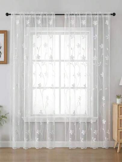 1件/2件装，薄纱叶子刺绣窗帘 - 轻盈透明窗帘，适用于客厅卧室（白色）
