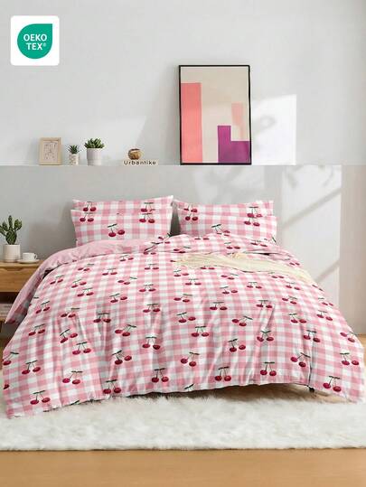 2/3pcs Bedding Set, Soft & Breathable Bedding Suit, Skin-Friendly, Cartoon Style Duvet Cover Set, Soft Anti-Pilling, Cute Home Textile, Room Decor, Pink Plaid Cherry Print Duvet Cover Set, Includes Duvet Cover & Pillow Case, Excludes Comforter, Suitable For Double/Full/Queen/Twin Size Bed, All Season Use, Fashionable & Adorable Duvet Cover Set For Bedroom & Dorm, Machine Washable, OEKO-TEX Certified