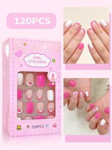 120pcs Kids Press On Nails For Girls, 5 Styles Press On Nails For Kids, 5Sheets Pink Black Heart Flower Cute Design Press On Nails Acrylic Fake Nails For Kids, Short Oval Acrylic Nails Set, The Perfect Valentine's Day And Christmas Gifts For Children - Multicolor - View 6