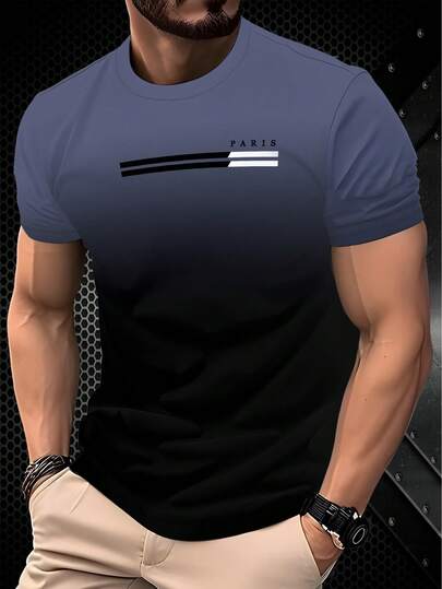 休闲时尚渐变印花短袖圆领男士T恤，100%涤纶