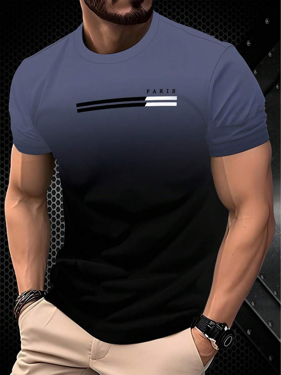 休闲时尚渐变印花短袖圆领男士T恤，100%涤纶 - 彩色 - 查看 1