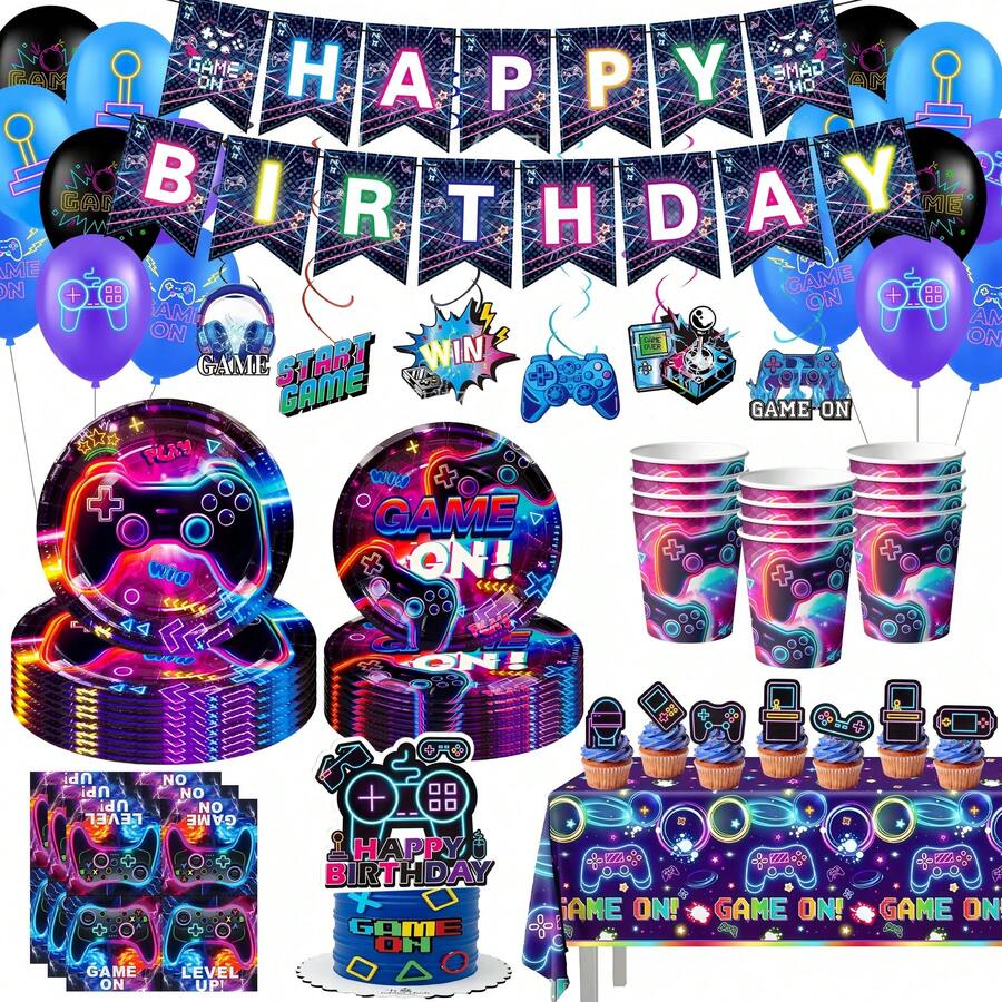 111pcs Video Game Birthday Decorations Tableware Set Serves 16 Guests, Gamer Birthday Party Decorations Include Banner, Plates And Tablecloth, Cake Topper,For Gaming Party Supplies - 彩色 - 查看 1