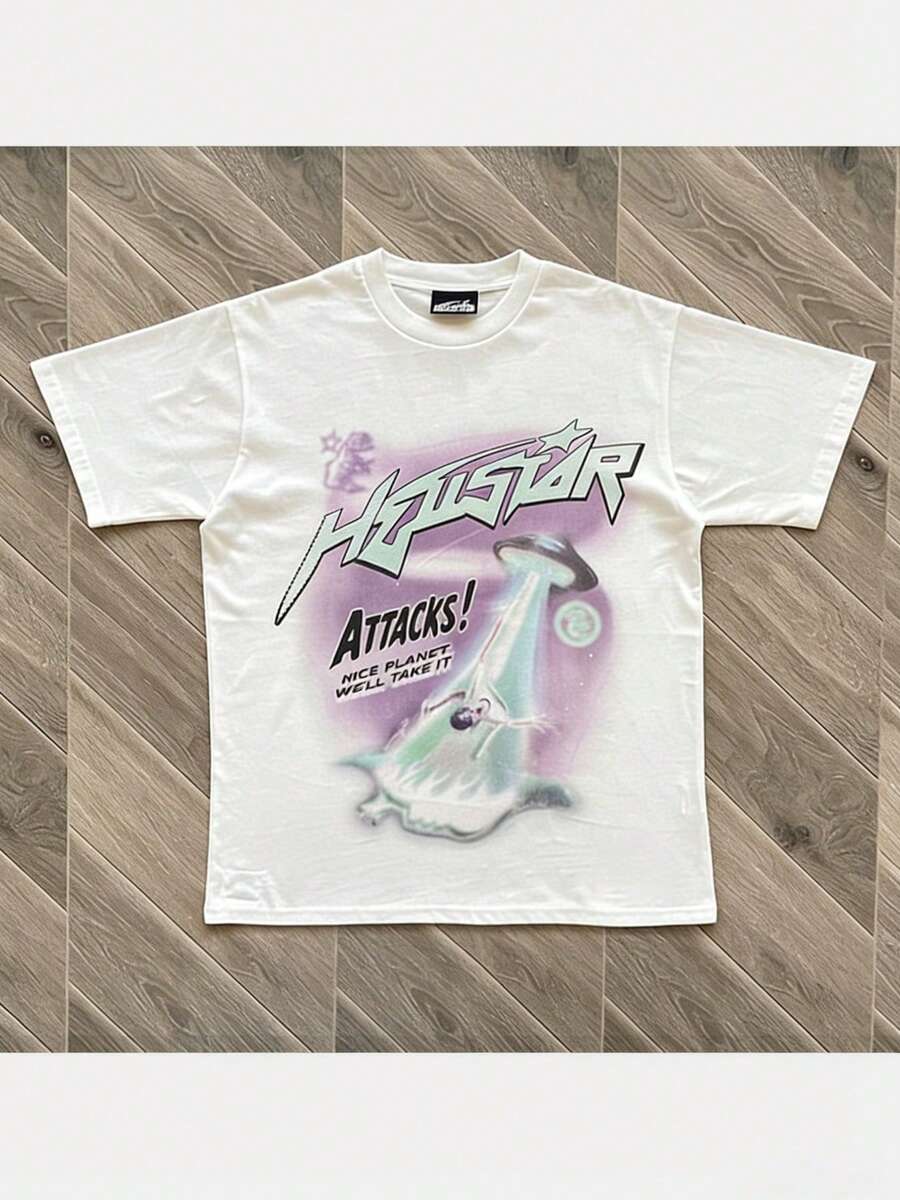 Hellstars Attacks! UFO  Y2K Graphic T-Shirt,220g 100% Cotton,Round Neck Short Sleeve,White Streetwear Essential,Unisex Style - 白色 - 查看 1