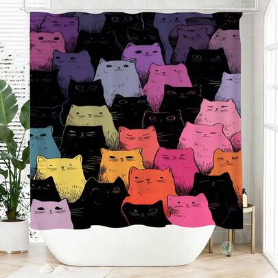 1件装抽象猫咪图案浴帘，涤纶材质，防水，不遮光，适合家居和浴室装饰，配有12个挂钩