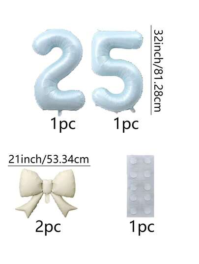 1 pieza Globo de aluminio reutilizable con forma de número 25 de color azul con moño azul, puntos adhesivos, adecuado para decorar fiestas, cumpleaños, aniversarios, eventos especiales, bodas y entornos al aire libre