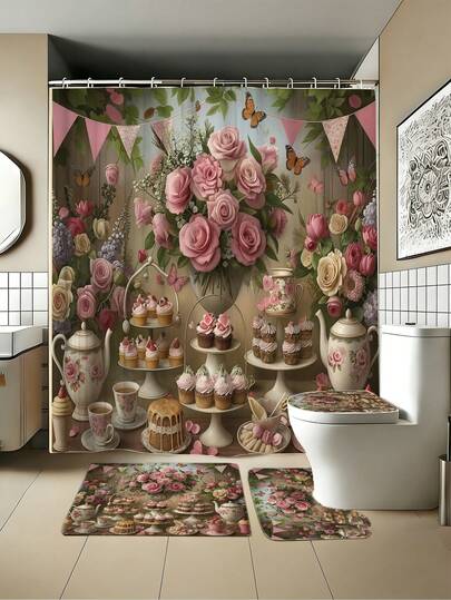 1/3/4件套婚礼季婚礼茶几浴室套装，多尺寸组合。家居装饰，浴室窗帘，浴室套装，包含浴帘，浴室浴帘套装。装饰性浴室组合套装包含浴帘、U型马桶座套、防滑垫、马桶盖，并附赠12个浴帘挂钩，适用于婚礼、周年纪念日和主题装饰。