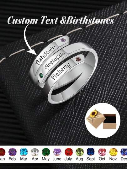 1pc Customized Stainless Steel Engraved Ring, Family Birthstone Ring, Mother's Day Gift, Gift For Mom, Personalized Ring, Can Engrave Name, Date Or Special Meaning, Ideal Gift For Family And Friends