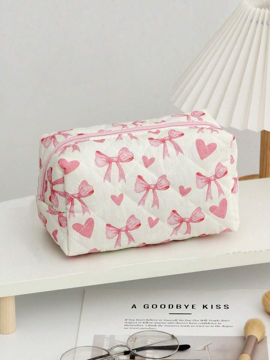1pc Cute Heart-Shaped Bow Pattern Multi-Functional Checkerboard Cosmetic Bag, Can Be Used As Sanitary Pad Pouch, Coin Purse, Large Square Makeup Bag, Travel Cosmetic Bag, Skincare Product Bag, Toiletry Bag, Storage Bag, Suitable For Travel, Cruise, Dorm Use - Multicolor - View 1