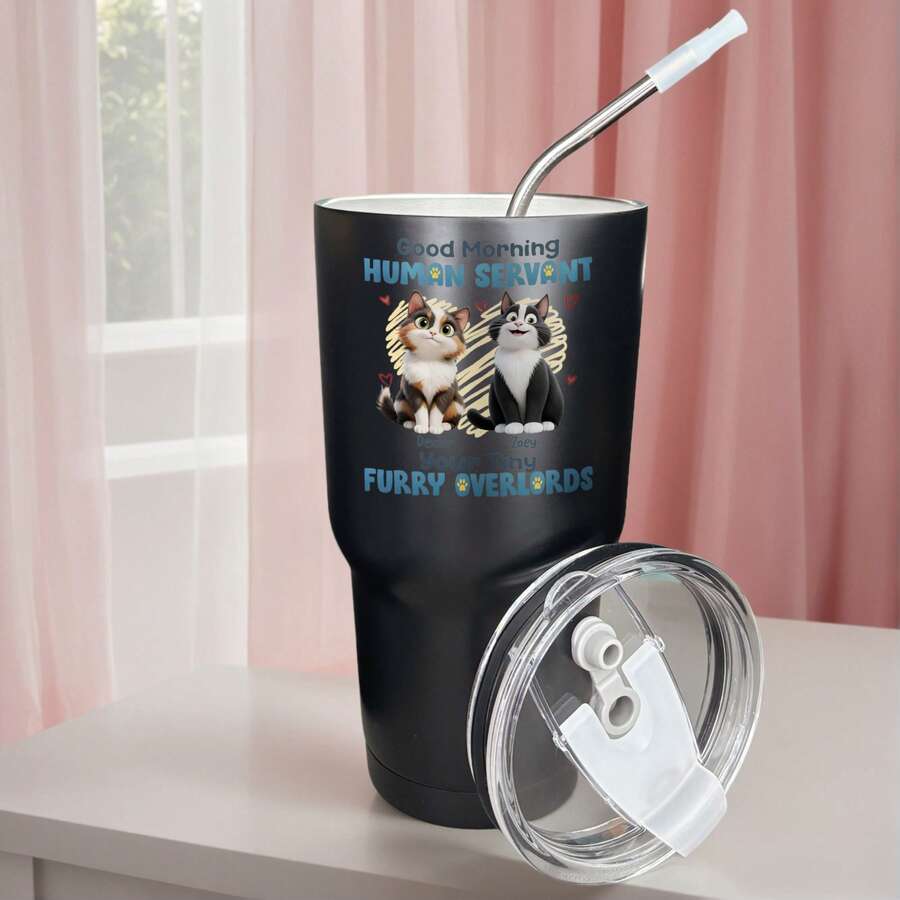 30oz Stainless Steel Tumbler Black White Options, Good Morning Human Servant Furry Overlords Graphic Cups, Insulated Travel Coffee Mug With Lid And Straw , Double Wall Vacuum Reusable Travel Cups, Funny Birthday Party Gift For Women & Men - 黑色 - 查看 1