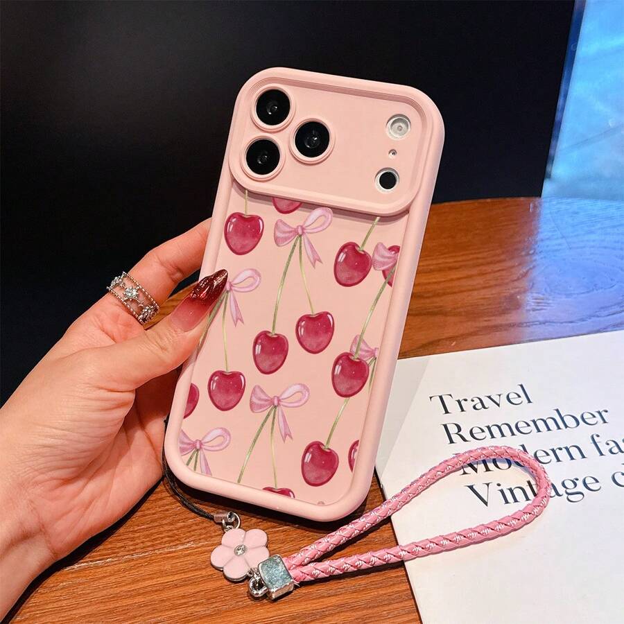 一套包含幸运山茶花挂绳和樱桃图案TPU粉色手机壳，适合作为情侣、女友、女儿、青少年的生日和圣诞礼物。 - 粉色 - 查看 1