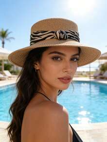 1pc Elegant Wide Brim Zebra Print Straw Hat, Suitable For Spring And Summer, Suitable For Outdoor Activities, Beach, Travel And Vacation. Features Include UV Protection, Breathability, Moisture-Wicking, Multi-Functional And Portable Design. - Multicolor - View 2