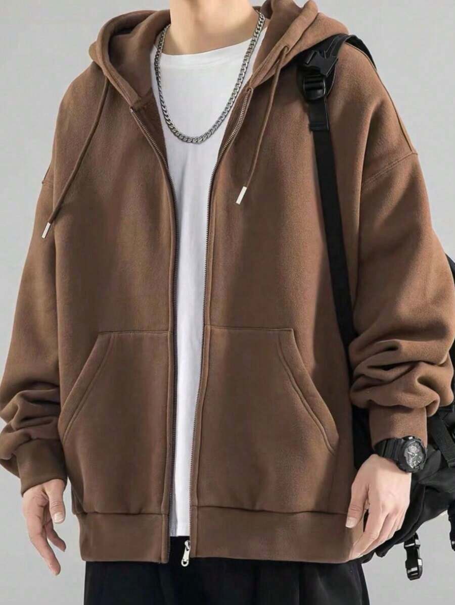 Open-Front Zip-Up Hooded Sweatshirt, Plain Winter Jacket With Front Pocket, Ideal For Cold Days. - 棕色 - 查看 1