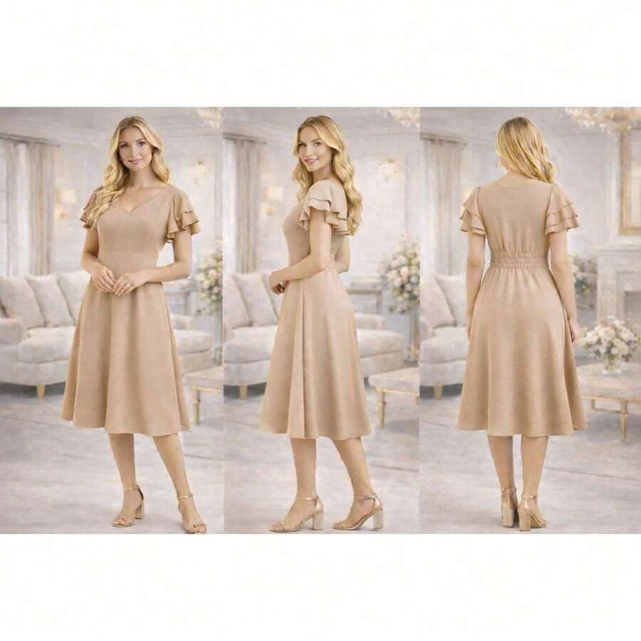 Women's Midi Dress With Ruffled Sleeves, Loose Fit, Adjustable Waist, Suitable For Evangelical, Formal, And Casual Occasions. - Màu be - Xem 1