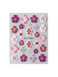 1片紫色和粉色软胶浮雕花朵美甲贴纸，盛开的兰花透明花瓣，日式婚礼设计，DIY美甲用品，浮雕装饰 - 彩色 - 查看 8