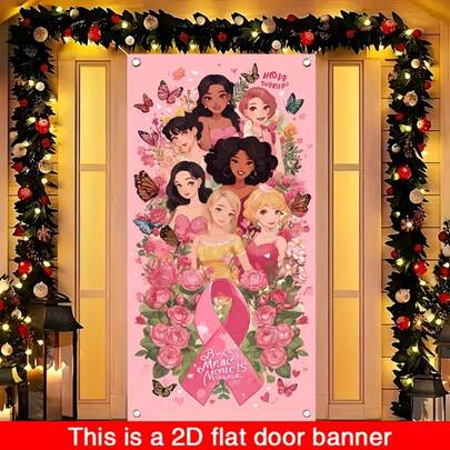 2D平面横幅【派对横幅，旗帜横幅】1件装（35*70英寸/90*180厘米），涤纶材质，乳腺癌防治主题门框横幅，粉红丝带，时尚女性形象设计，适用于公共场所主题装饰横幅，以及主题活动室内外装饰帘。多种款式和尺寸可供选择。