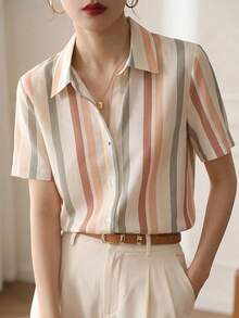 Women's Striped Single-Breasted Casual Versatile Daily Wear Shirt Summer - Apricot - View 4