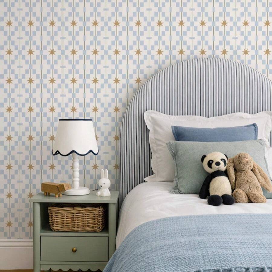 蓝色和米色复古中世纪自粘壁纸，几何星形图案中性北欧风格墙贴，复古现代设计 - A - 查看 1