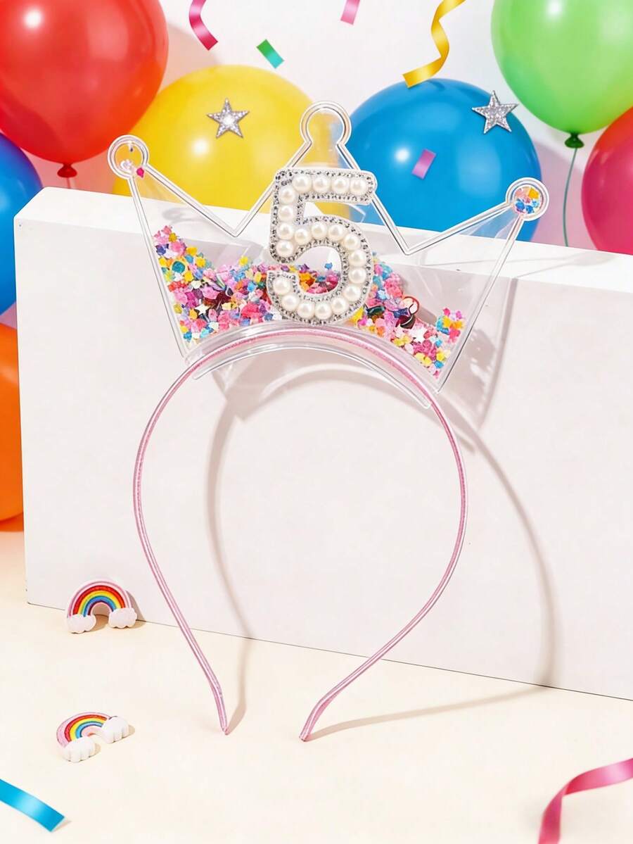 1pc Girls' Crown Birthday Headband, Suitable For 1-5 Years Old, Decorated With Sequins, Pearls And Rhinestones, Sweet Princess Style Hair Accessory, Birthday Party Gift For Girls - Multicolor - View 1