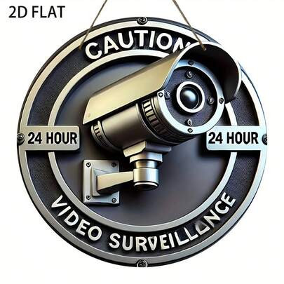 2D Flat, 1pc 24-Hour Video Surveillance, Vintage Reusable Classic Round Wooden Sign, Effective Combination Of Warning Elements And Visual Communication, Suitable For Home And Wall Decor Art - Ideal Choice For Bars, Cafes, Clubs, Dorms, Perfect Gift, Great For Room Decor, Decorative Plaque And Signage, Pre-Drilled Holes As Shown In Size Chart