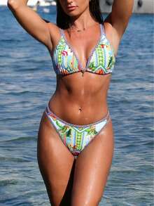 3件套女士时尚随机复古印花性感系带比基尼泳装，适合夏季海滩度假 - 彩色 - 查看 1