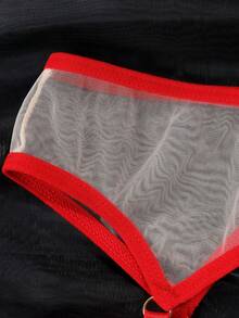 Bộ đồ lót gợi cảm 3 món dành cho nữ, áo hai dây xuyên thấu bằng lưới. - Đỏ - Xem 8