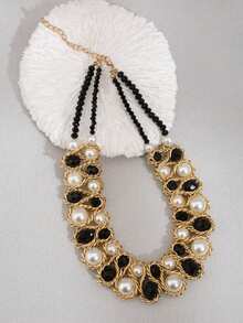 1pc Fashion Crystal & Pearl Double-Strand Necklace, Women's Necklace, Women's Jewelry, Pearl Necklace, Western Jewelry, Choker, Women's Choker Necklace, Women's Necklace, Women's Jewelry Set, Chunky Jewelry, Bohemian Style Jewelry, Summer Jewelry - Two Rows Of Crystal Pearls - View 6