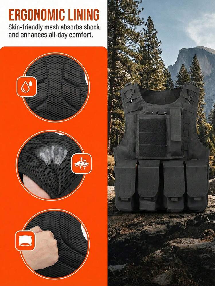 1pc Outdoor Tactical Vest - Multi-Functional Protective Combat Vest, Outdoor Portable Sports Vest,Wear-Resistant Oxford Fabric With Molle Panels, Adjustable Shoulder & Waist Straps, Breathable Mesh Back, Quick-Release Buckles, Plate-Ready Design & Multiple Utility Pouches; Lightweight, Water-Resistant Edc Chest Rig For Trekking, Hiking, Airsoft, Paintball, Military Training, Security & Search-And-Rescue; Unisex Adults,Valentine's Day Gifts,Father's Day Gifts, Anniversary Gifts - Multicolor - View 8