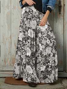 Pantaloni larghi a gamba ampia con stampa floreale per donne taglia comoda, eleganti con tasche, stile campagnolo adatto per vacanze, casual per uso quotidiano, adatti per tutte le stagioni, pantaloni romantici primaverili - Grigio - Visualizzare 4