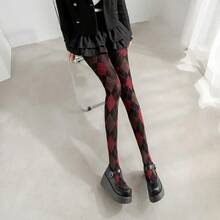 Women Argyle Plaid Mesh Tights High Waisted Preppy Sheer Stockings Slim Plaid Retro Pantyhose Lingerie Hosiery - 紅色 - 查看 12