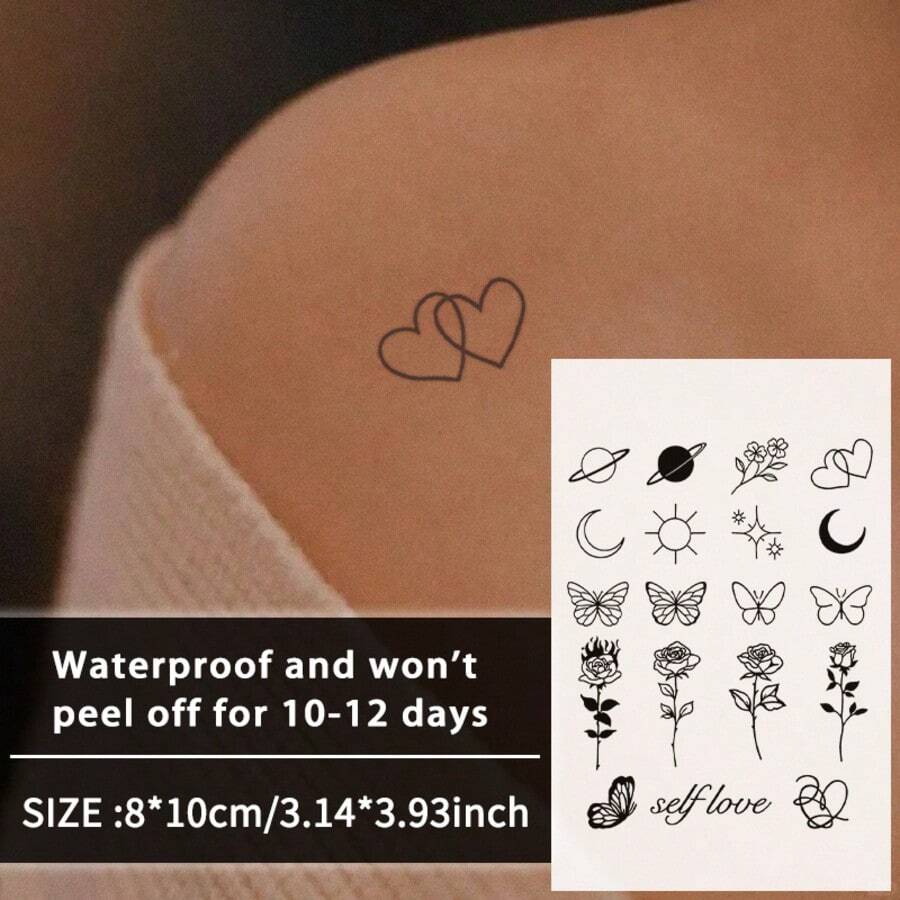 Waterproof Temporary Butterfly & Flower Tattoo Stickers, Long-Lasting 1-2 Weeks, Semi-Permanent Herbal Tattoo, Durable Makeup & Body Art, Unisex, Fashionable Body Art Stickers, Cool & Unique, Applicable To Arms, Chest, Shoulders