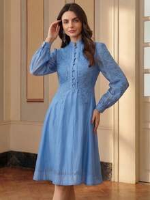 优雅法式复古半开襟立领蕾丝边修身奢华女士连衣裙 春季 - 藍色 - 查看 2