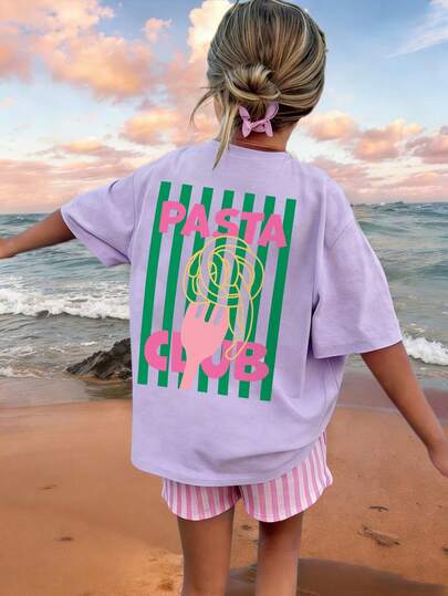 Girls "PASTA CLUB" Pasta Graphic Tee, Summer Casual Crew Neck Short Sleeve T-Shirt, Cute Food Print Tops For Tween Girl