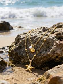 1pc Romantic & Elegant Starfish & Shell Pendant Necklace, Suitable For Women To Wear On Beach Vacation, Beach Party Or Date - Yellow Gold - View 4