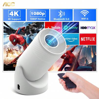  Proyector AOC Portátil con Ajuste de Rotación 180°, Native 1080p y soporte 4K, 8000 Lúmenes, WiFi y Bluetooth, Corrección Automática Vertical Keystone, para Uso Doméstico y Móviles