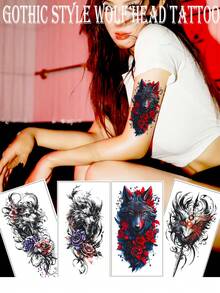 4 Pcs Dark Wolf & Rose Tattoo Stickers Waterproof Long Lasting Big Arm Realistic Fake Tattoos - Multicolor - View 1