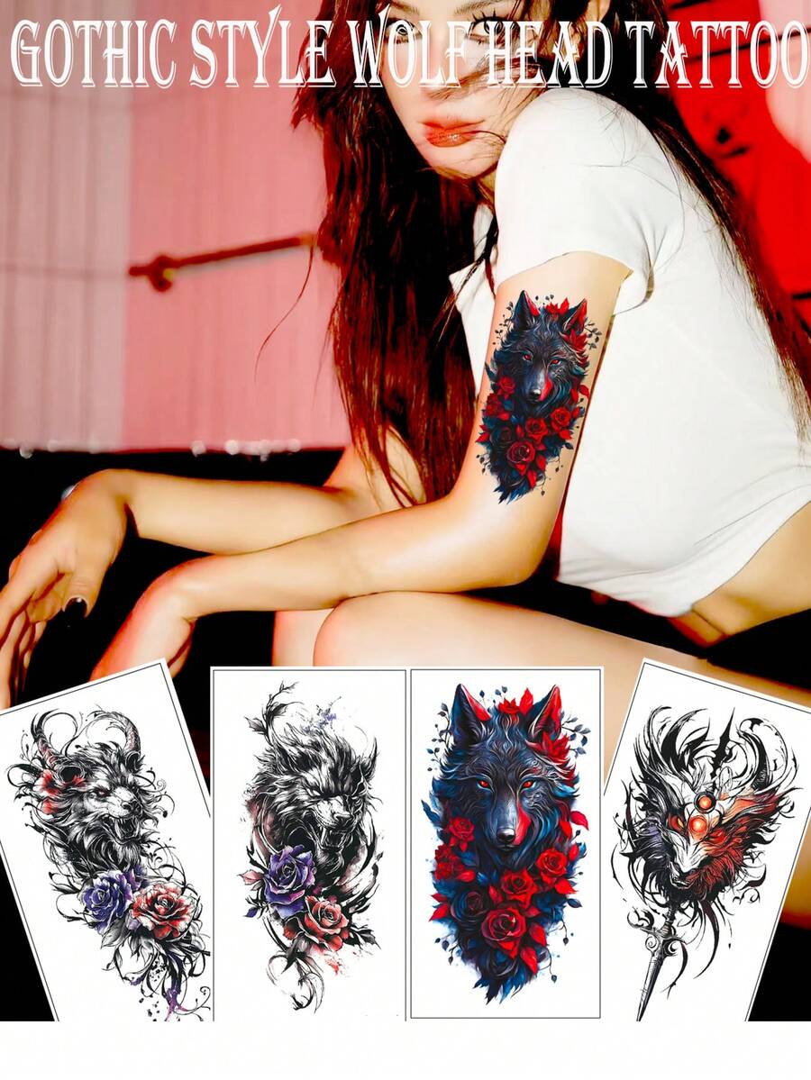 4 Pcs Dark Wolf & Rose Tattoo Stickers Waterproof Long Lasting Big Arm Realistic Fake Tattoos - Multicolor - View 1