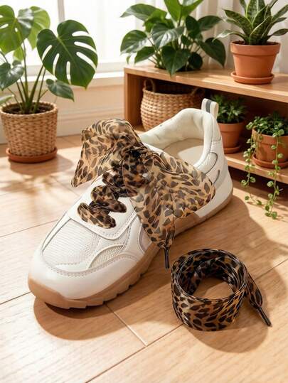 1 Pair 120cm Fashion Polyester Leopard Print Shoelaces, Stylish Ribbon Flat Shoelaces, Suitable For Casual Shoes, Sneakers, Lace-Up Shoes Accessories / Shoelaces Only, Shoes Not Included