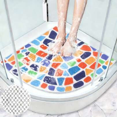 1pc Colorful Scalloped Bathroom Non-Slip Mat, Foam Mesh Bottom Silk Ring Shower Mat, 24*24 Inch, Bathroom Supplies
