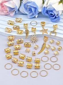 45pcs Shiny Sun & Feather Decorated Diamond Embellished Hair Scrunchies - Sparkling Adjustable Alloy Hair Clips, Bohemian Style Hair Accessories For Men & Women,Summer,Holiday,Travel - Gold - View 4