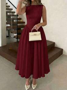 Vuslat 新款时尚百搭修身A字连衣裙，优雅简约无袖设计，适合度假、下午茶、办公通勤、日常穿着、派对等场合。 - 酒紅色 - 查看 7