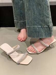 女士二合一水晶装饰方头粗跟凉拖鞋 - 米色 - 查看 7