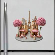 Mùa xuân Paris: Nam châm dán tường 3D hình đường phố hoa anh đào, với con đường rợp bóng hoa anh đào, ghế quán cà phê, kiến trúc Haussmann và tháp Eiffel thu nhỏ - Mang một chút không khí mùa xuân Paris đến tủ lạnh của bạn. - E - Xem 6