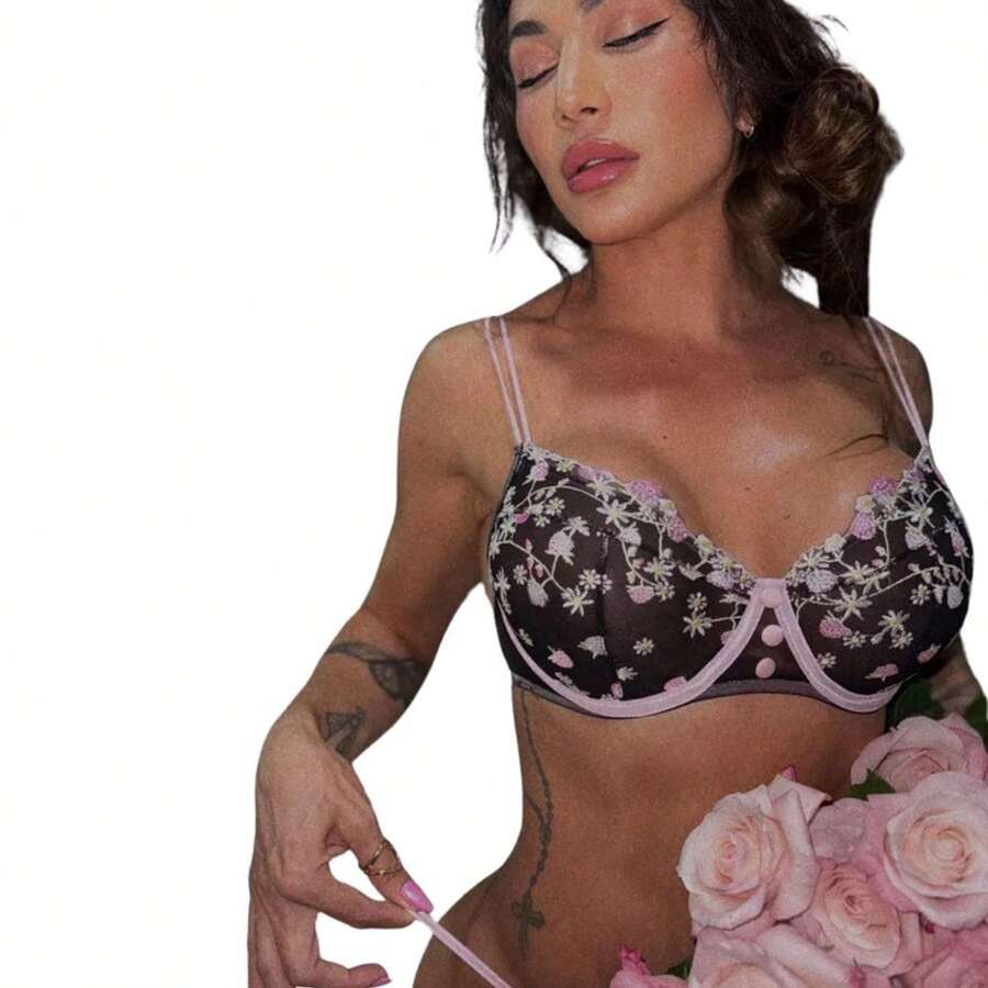 Conjunto Lingerie C/Aro Especial Renda Alça Naomi Preto - Preto - Visão 1