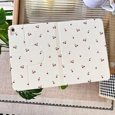 1个奶油红樱桃碎花360°旋转书本式保护套，带多角度磁吸支架，自动休眠/唤醒平板电脑保护套，兼容iPad Pro/Air、三星Galaxy A9/S9/S7/S10+、小米Pad 5/6/7。