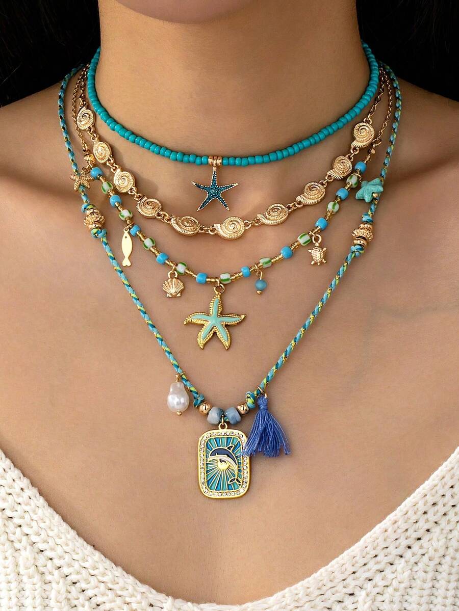 1pc Summer Vacation Bohemian Style Beaded Necklace, Layered Ocean Life Starfish & Dolphin Pendant Necklace, Bohemian Style Jewelry, Perfect For Pairing With Bikini Swimwear - Multicolor - View 1