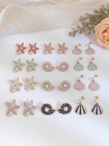 6 pares de pendientes con conchas marinas, estrellas de mar y perlas falsas, joyas de estilo playero colorido para uso diario, bodas, fiestas y vacaciones. También adecuado como regalo para el Día de la Madre, Pascua o cumpleaños. - Multicolor - Ver 3