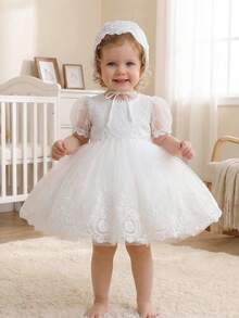 Baby Girl Cute Petal Sleeve White Dress, High-End Embroidered Tulle Puffy Dress, Elegant Party Dress For Flower Girl, Wedding, Birthday, Banquet, Suitable For Girls' Important Occasions, Festivals, Celebrations - White - View 6