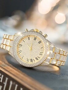 1pc Luxury Fully Iced-Out Men's Roman Numeral Diamond Stainless Steel Band Wrist Watch, Hip Hop Style, Suitable For Holidays And Parties - one-size - View 4
