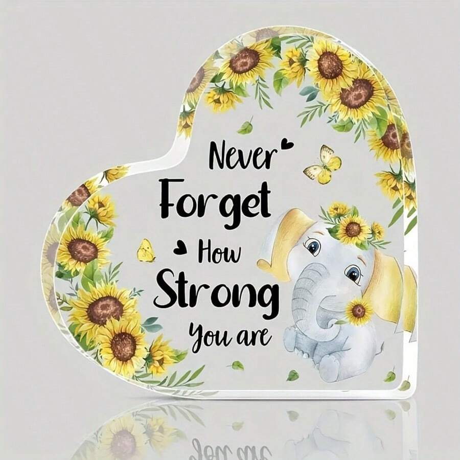 "Never Forget How Strong You Are" Acrylic Heart Decor - Sunflower Elephant Inspirational Desk Sign - Perfect Encouragement, Get Well Soon Gift For Women Teens - 1PC - View 1