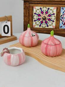 1pc Cute Pink 3D Garlic Ceramic Storage Box W/ Lid, Hand-Painted Veggie Jewelry Organizer, Mini Vanity Trinket Jar, Decorative Small Container For Rings, Earrings & Tiny Desk Accessories - Multicolor - View 5